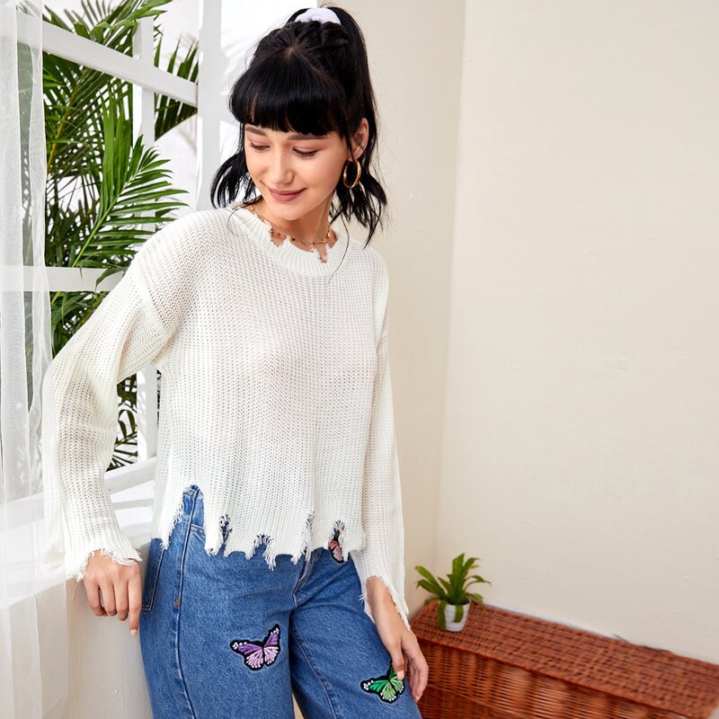

Solid Raw Hem Sweater, White