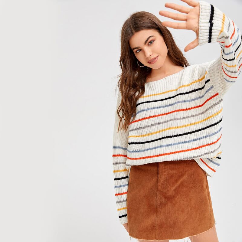 

Drop Shoulder Striped Oversized Sweater, Multicolor