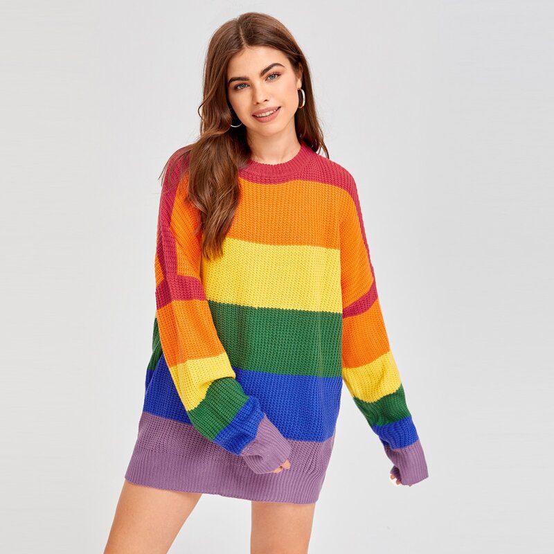 

LGBTQIA Rainbow Stripe Drop Shoulder Sweater, Multicolor