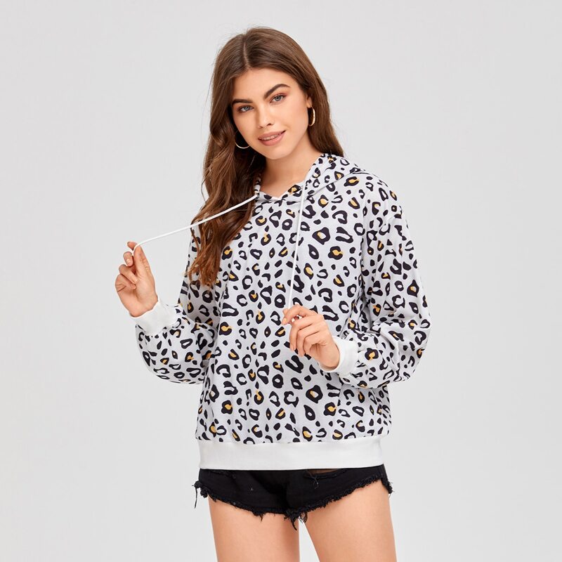 

Leopard Drawstring Hooded Sweatshirt, Multicolor