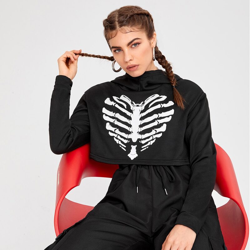 

Halloween Print Crop Hoodie, Black