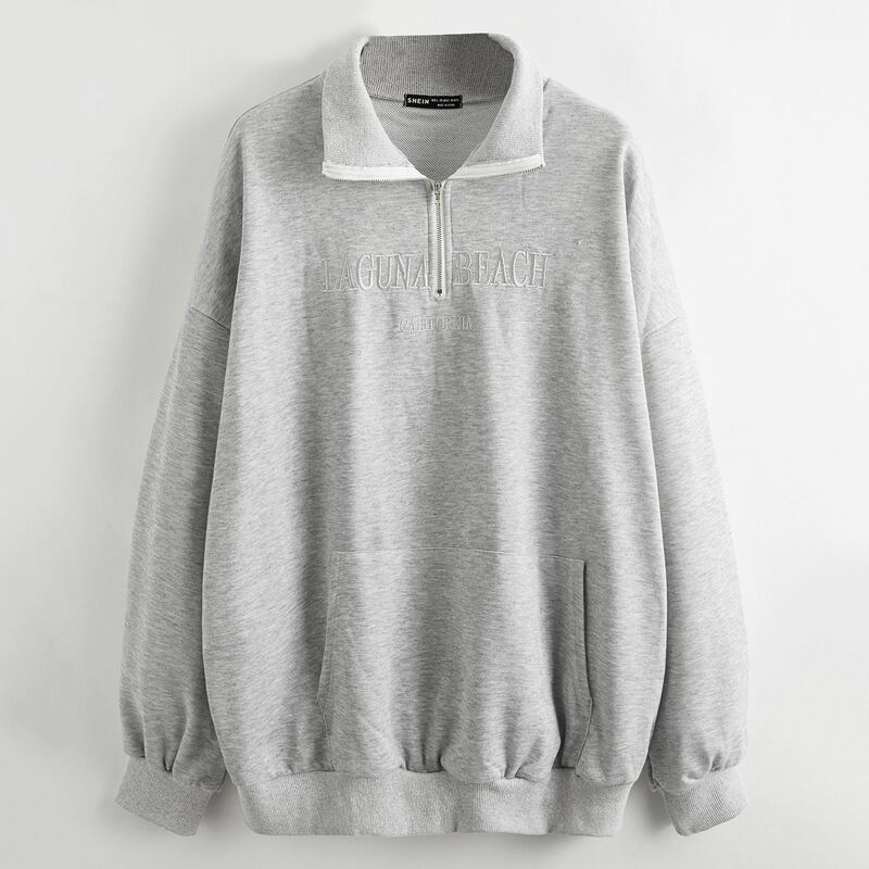 

Half Zip Letter Embroidery Kangaroo Pocket Oversized Pullover, Grey