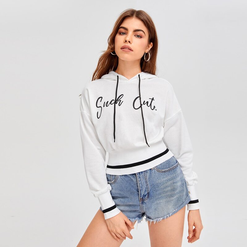 

Drop Shoulder Letter Graphic Drawstring Hoodie, White