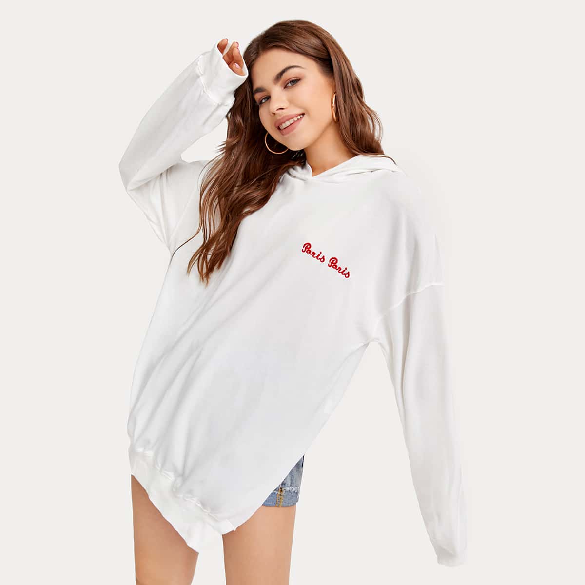 

Drop Shoulder Letter Embroidery Split Side Hoodie, White