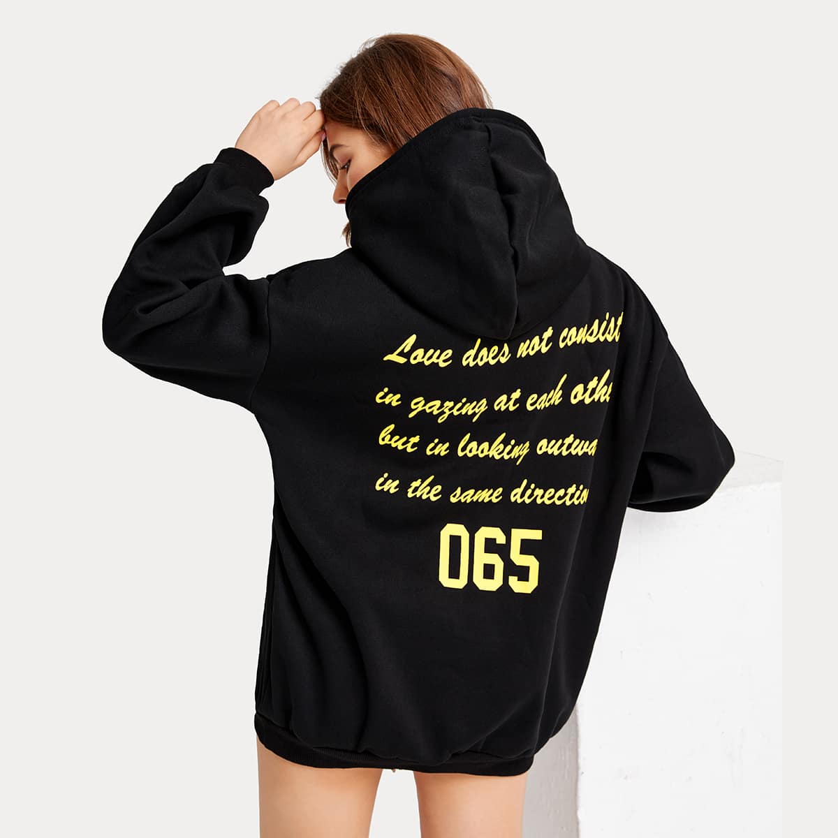 

Slogan Graphic Pocket Front Oversized Longline Hoodie, Black