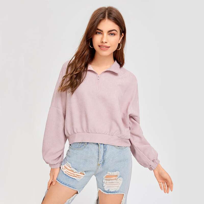 

Zip Half Placket Drop Shoulder Cord Sweatshirt, Pastel baby pink
