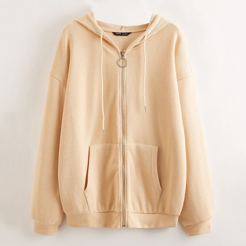 

Drop Shoulder Zipper Front Drawstring Hoodie, Apricot