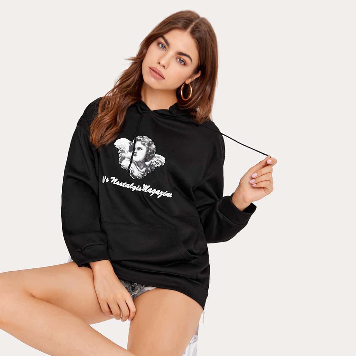 

Angel And Slogan Graphic Hoodie, Black