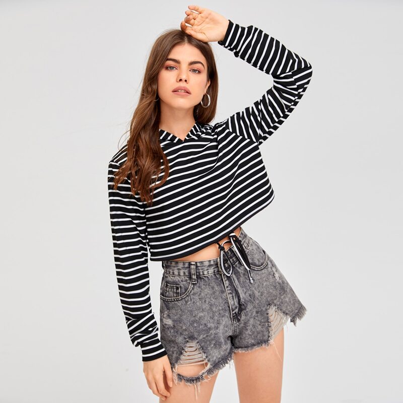 

Striped Drawstring Hem Crop Hoodie, Black and white