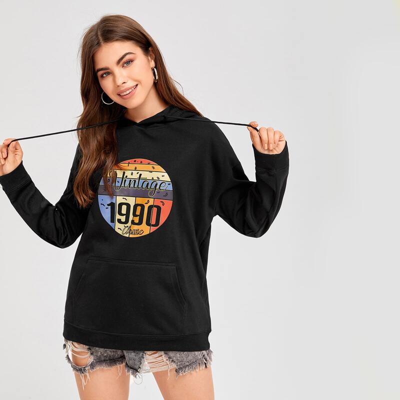 

Letter Graphic Kangaroo Pocket Hoodie, Black