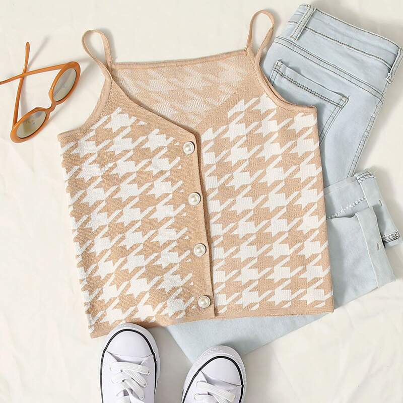 

Houndstooth Button Front Knit Cami Top, Multicolor