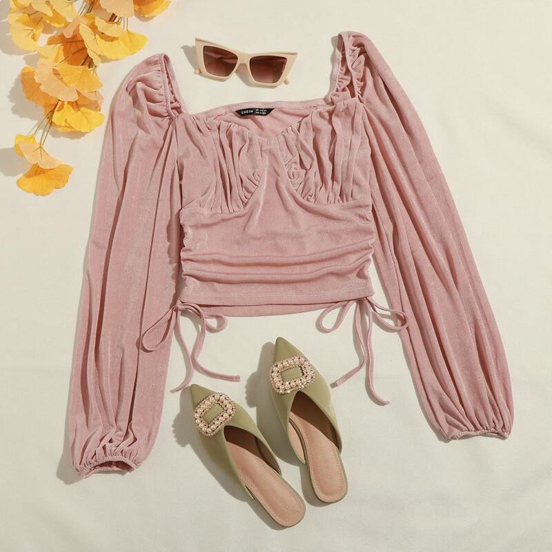 

Ruched Bust Drawstring Ruched Side Top, Pastel coral pink
