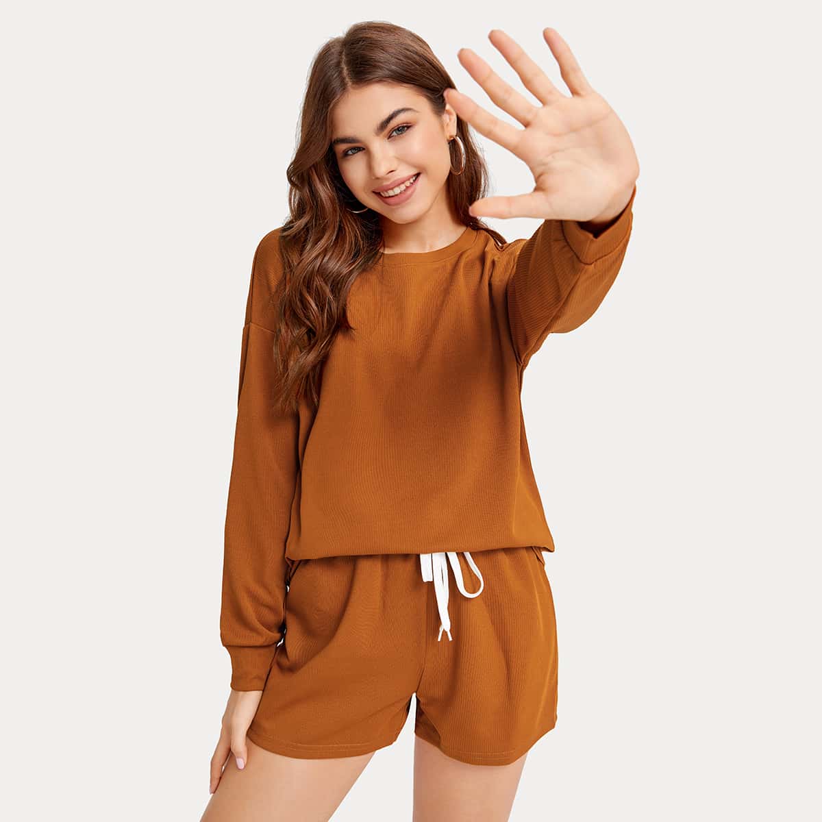 

Drop Shoulder Tee And Drawstring Waist Shorts Set, Brown