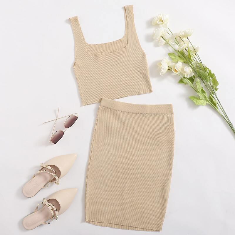 

Solid Rib-knit Crop Cami Top And Skirt Set, Khaki