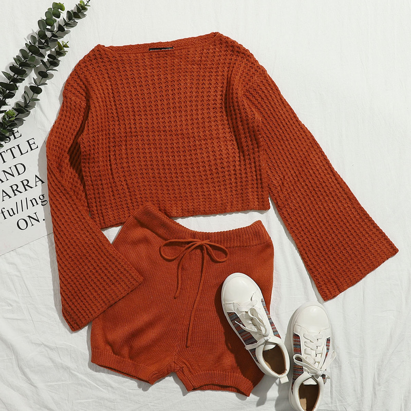 

Bell Sleeve Pointelle Knit Sweater & Drawstring Waist Shorts Set, Burnt orange