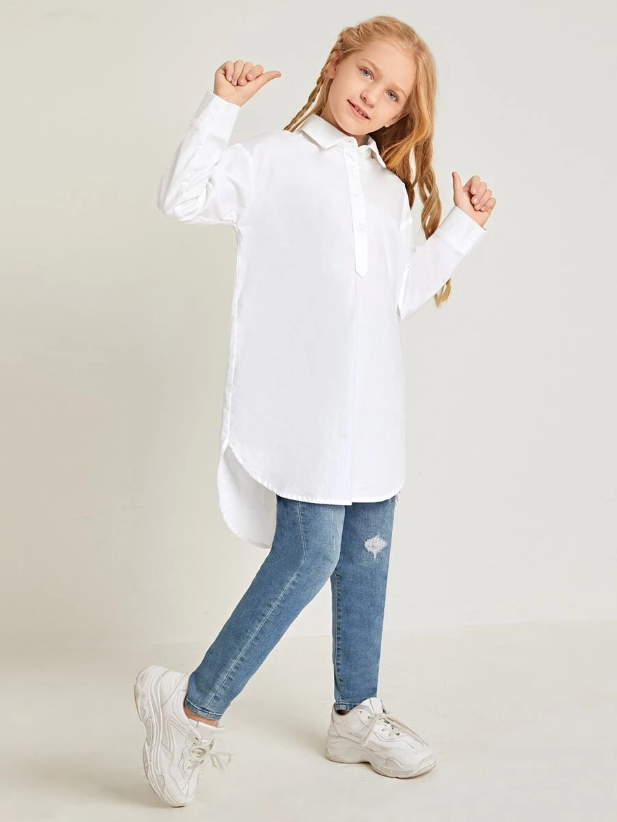 SHEIN Camisa bajo irregular con botón - Blanco - Ver 1
