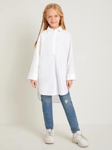 SHEIN Camisa bajo irregular con botón - Blanco - Ver 3