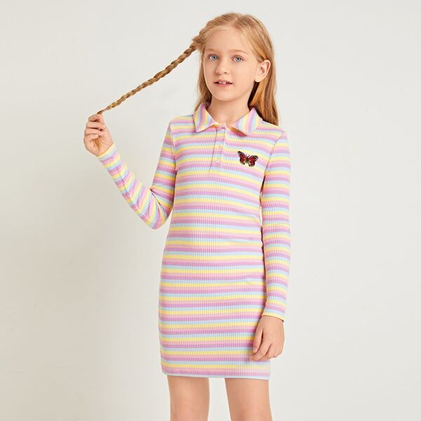 

Girls Butterfly Embroidery Rib-knit Striped Polo Dress, Multicolor