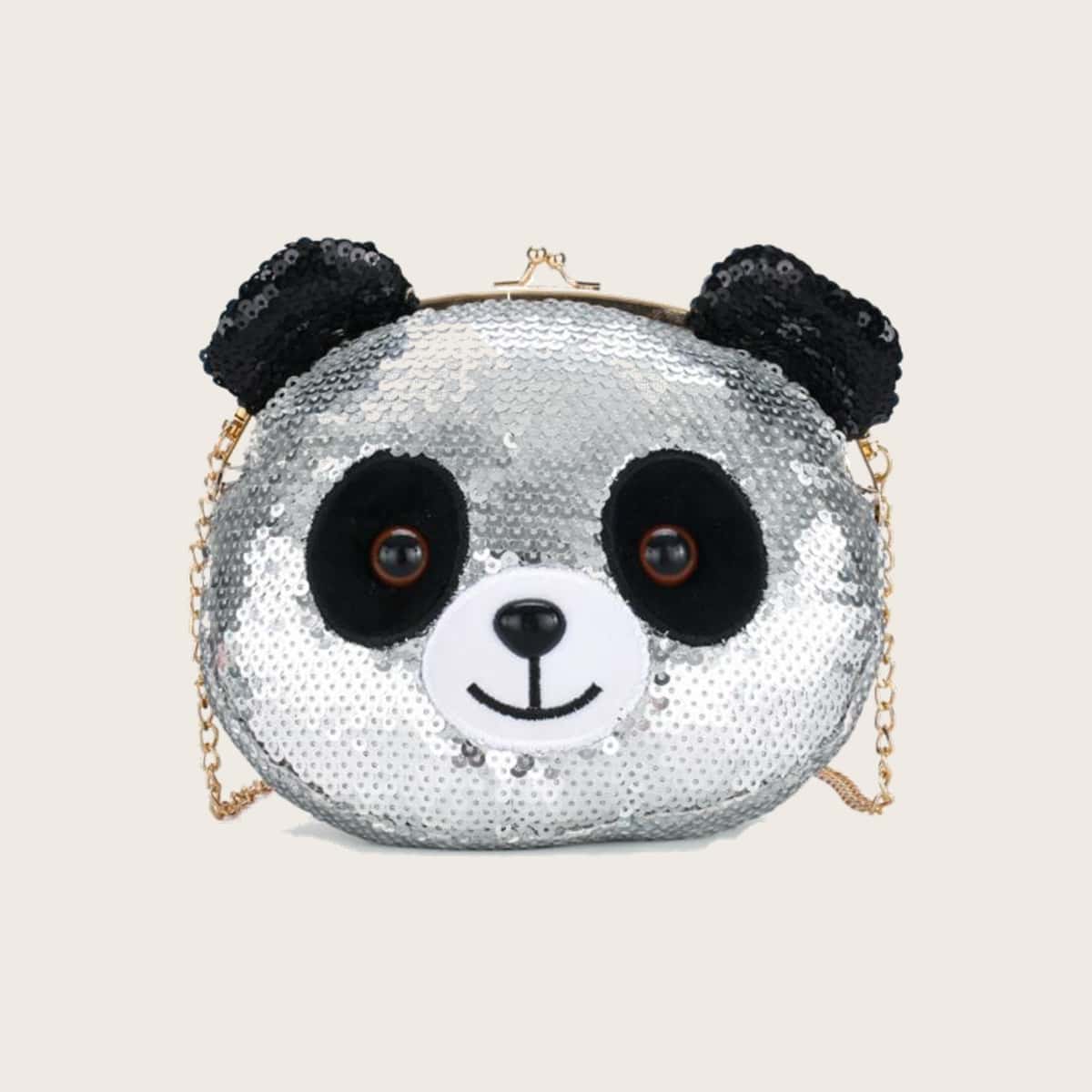 

Sequin Panda Chain Crossbody Bag, Black and white