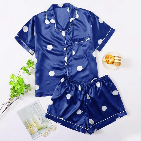 

Plus Polka Dot Pocket Front Satin Pajama Set, Navy blue