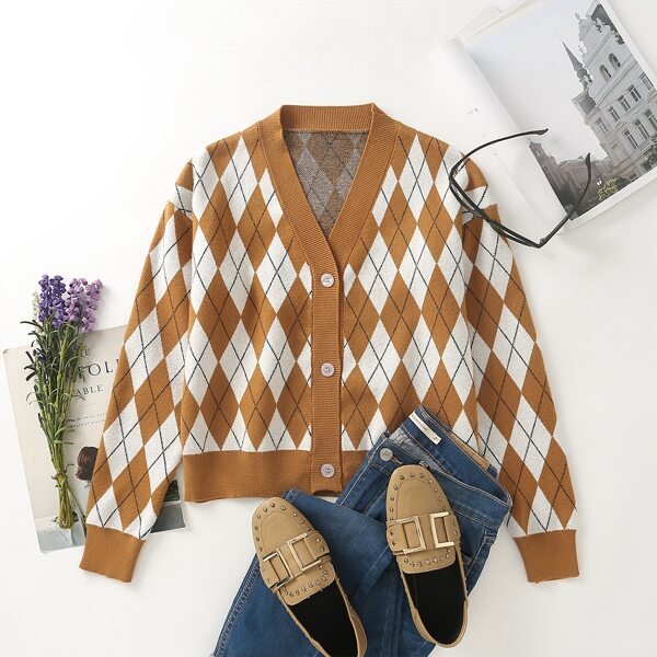 

Argyle Pattern Button Front Cardigan, Multicolor