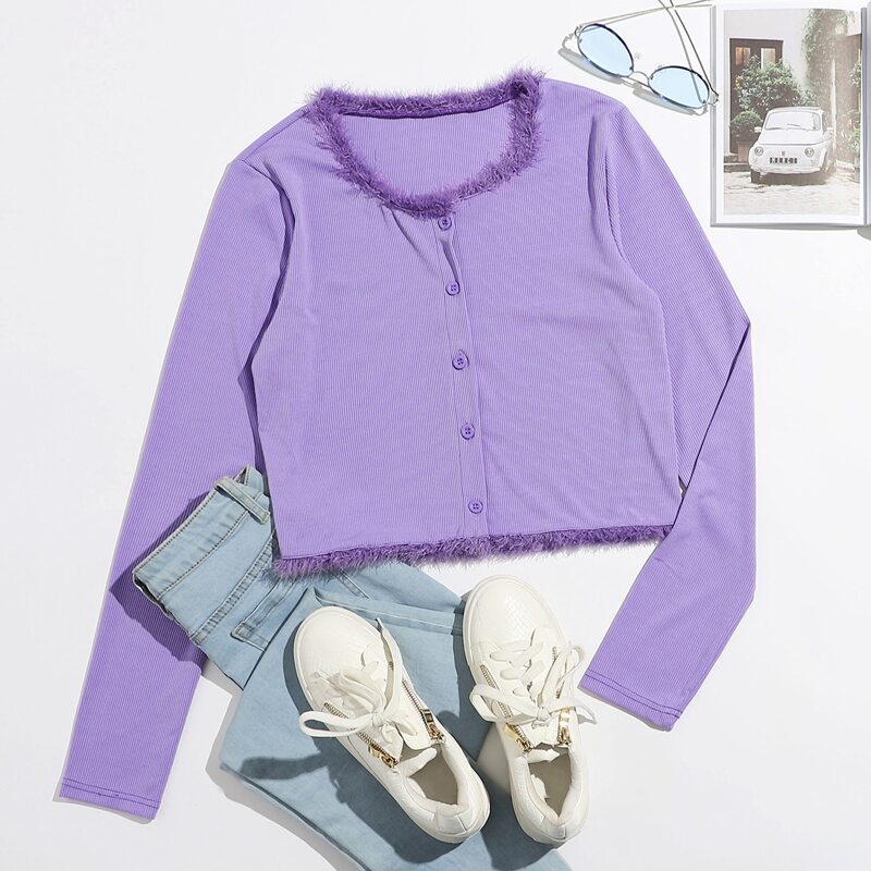 

Solid Faux Fur Trim Tee, Lilac purple