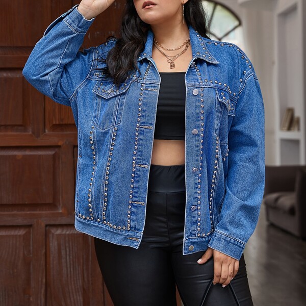 

Plus Studded Detail Flap Pocket Button Front Denim Jacket, Medium wash