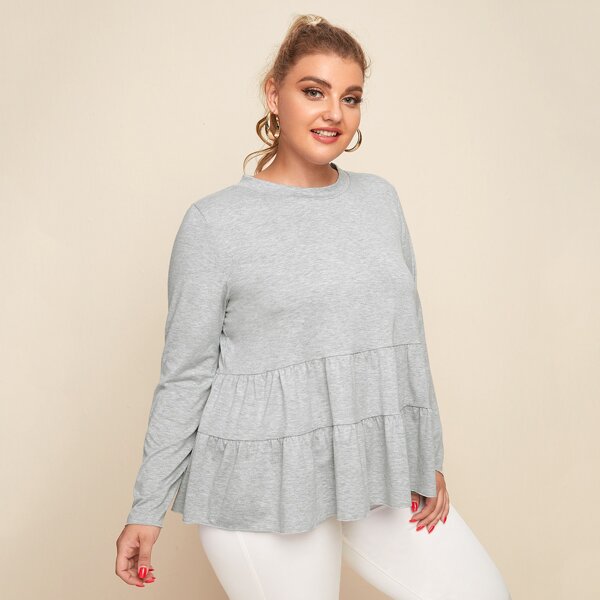 

Plus Ruffle Hem Long Sleeve Tee, Light grey