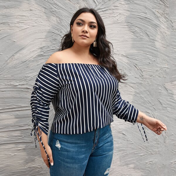 

Plus Striped Drawstring Detail Bardot Blouse, Blue and white