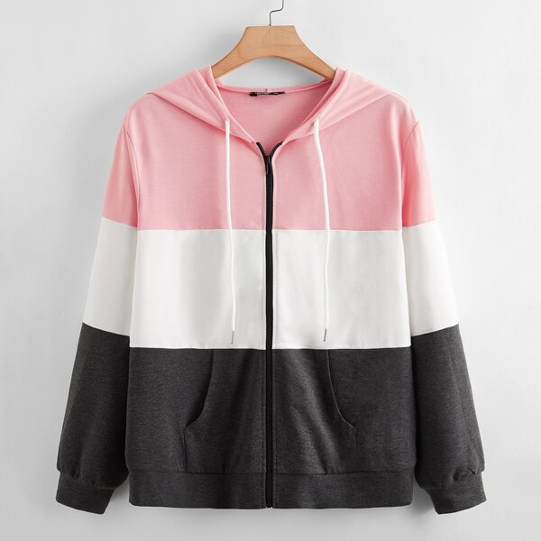 

Plus Colorblock Zip Up Drawstring Hoodie, Multicolor