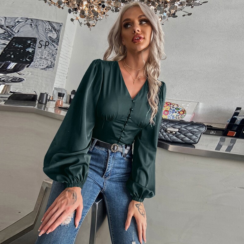 

Bishop Sleeve Button Front Blouse, Dark green