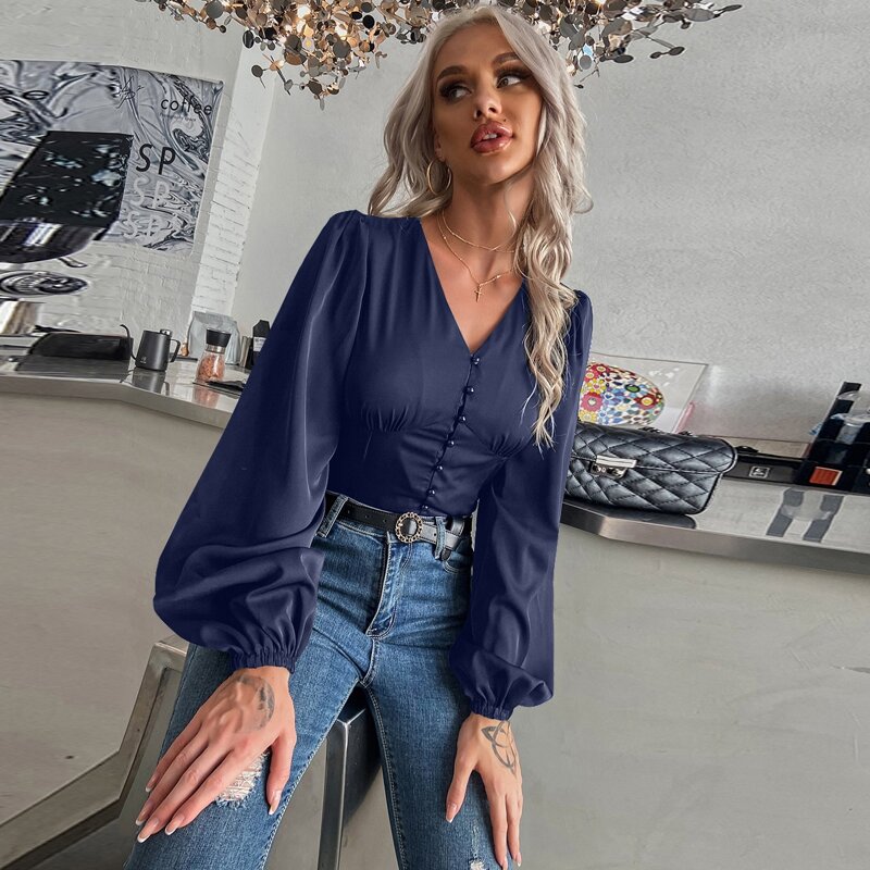 

Bishop Sleeve Button Front Blouse, Navy blue