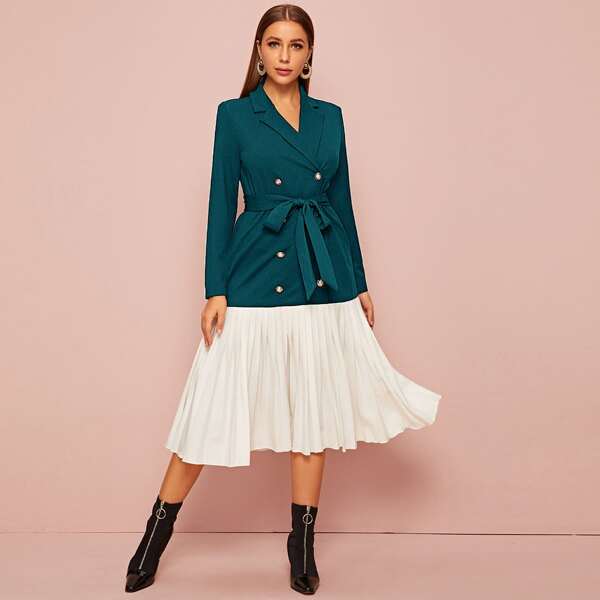 

Two Tone Double Button Pleated Hem Belted Dress, Teal blue