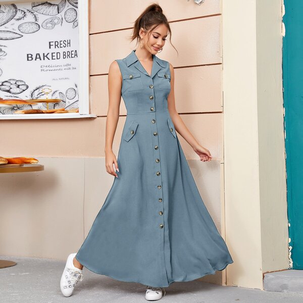 

Notched Collared Buttoned Front Flap Pocket Patched Sleeveless Dress, Dusty blue