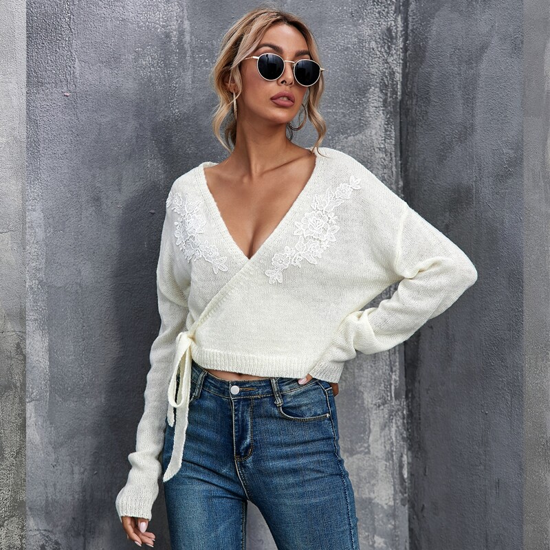 

Embroidered Appliques Wrap Knotted Cardigan, Beige