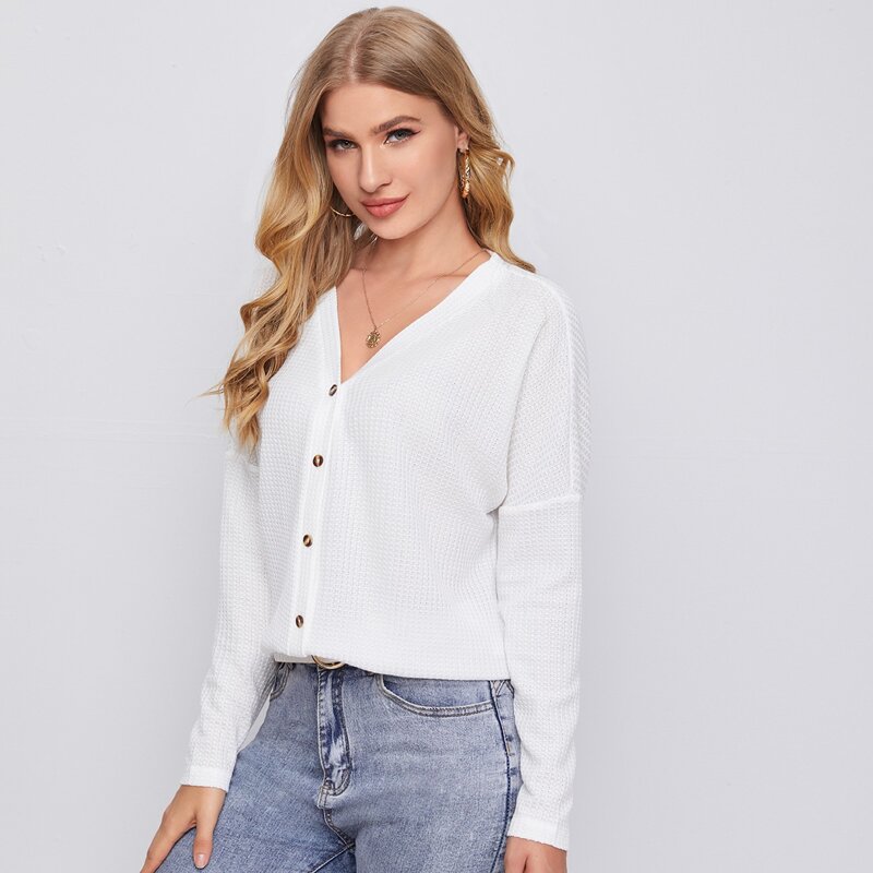 

Single Breasted Waffle Knit Tee, White