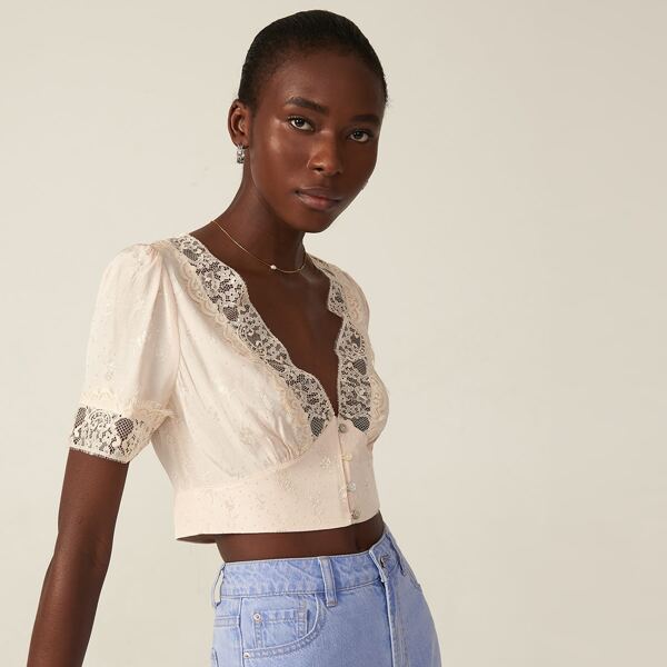 

RAYON RELAXED JACQUARD LACE BLOUSE, Apricot