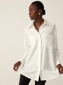 SHEIN 寬鬆口袋襯衫 - 白色 - 查看 1