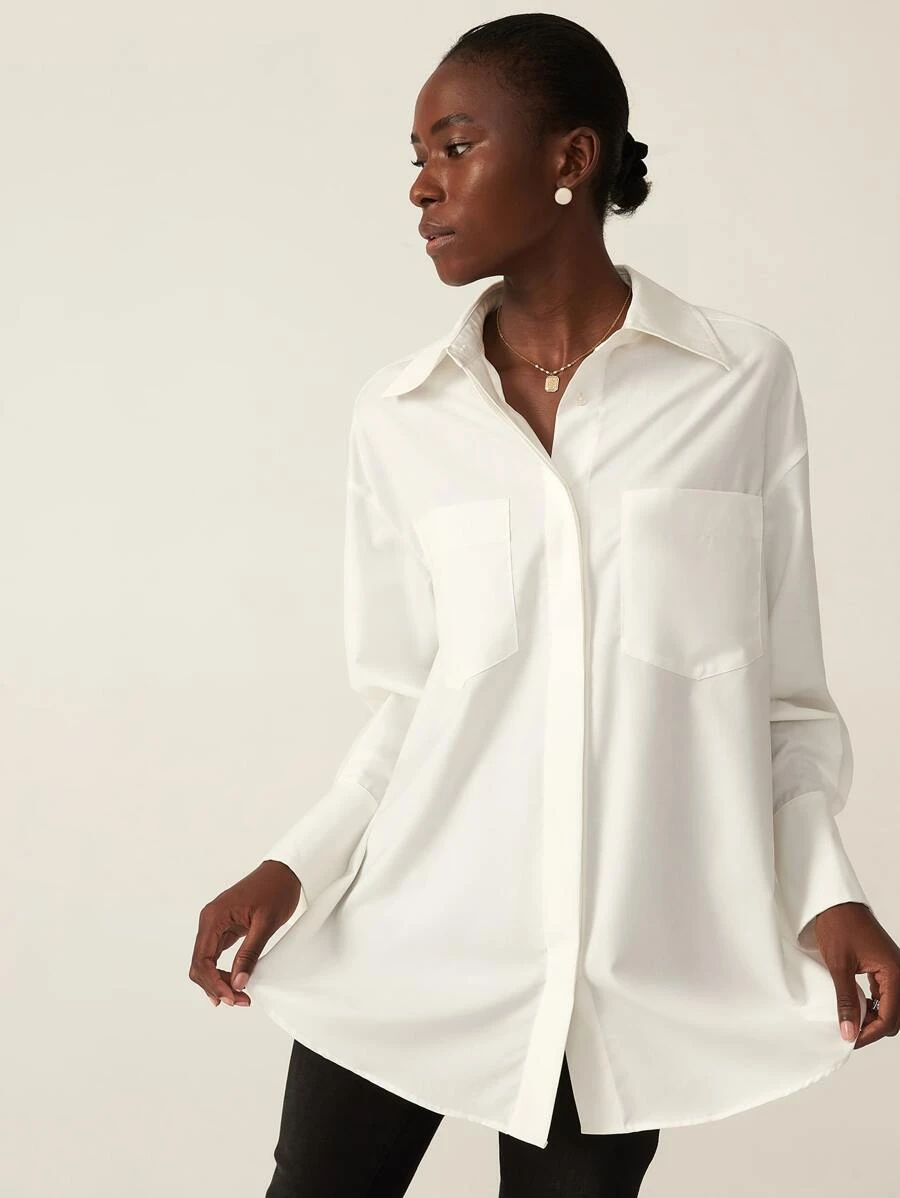 SHEIN 寬鬆口袋襯衫 - 白色 - 查看 1