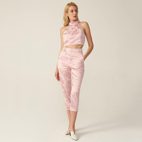 

SATIN JACQUARD FITTED HALTER TOP & PANTS SET, Baby pink