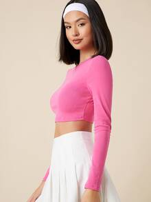 SHEIN BASICS Cotton Solid Form Fitted Crop Tee - Pink - View 3