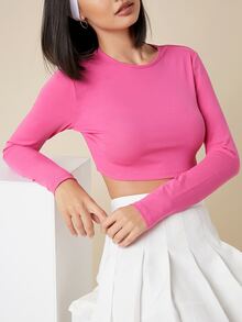 SHEIN BASICS Cotton Solid Form Fitted Crop Tee - Pink - View 4