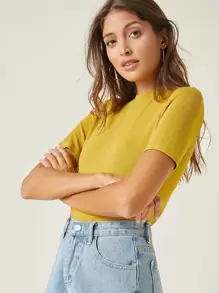 SHEIN BASICS Camiseta unicolor - Amarillo - Ver 4