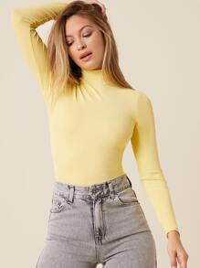 SHEIN BASICS Solid High Neck Tee - Yellow - View 2