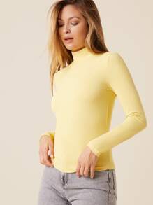 SHEIN BASICS Solid High Neck Tee - Yellow - View 4