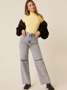 SHEIN BASICS Solid High Neck Tee - Yellow - View 5