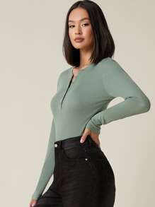 SHEIN BASICS Top côtelé avec boutons - Vert - Voir 3