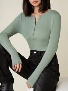 SHEIN BASICS Top côtelé avec boutons - Vert - Voir 4
