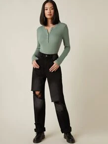SHEIN BASICS Top côtelé avec boutons - Vert - Voir 5