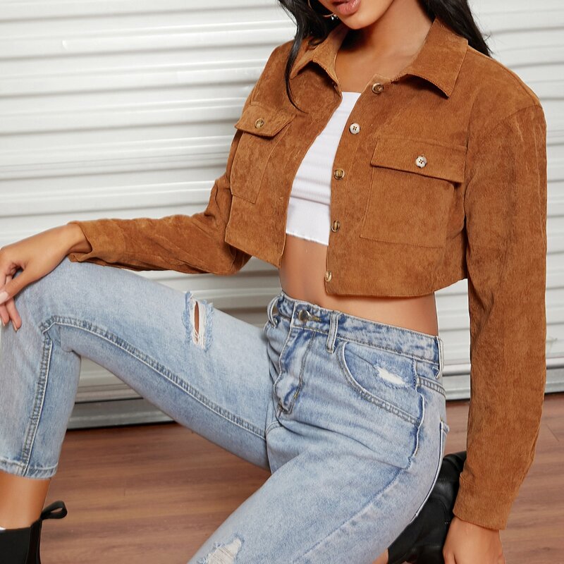 

Button Front Crop Blouse, Brown